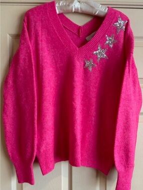 LOFT Hot Pink V-Neck Sweater with Silver Star Sequin Accents EUC SIZE-Large